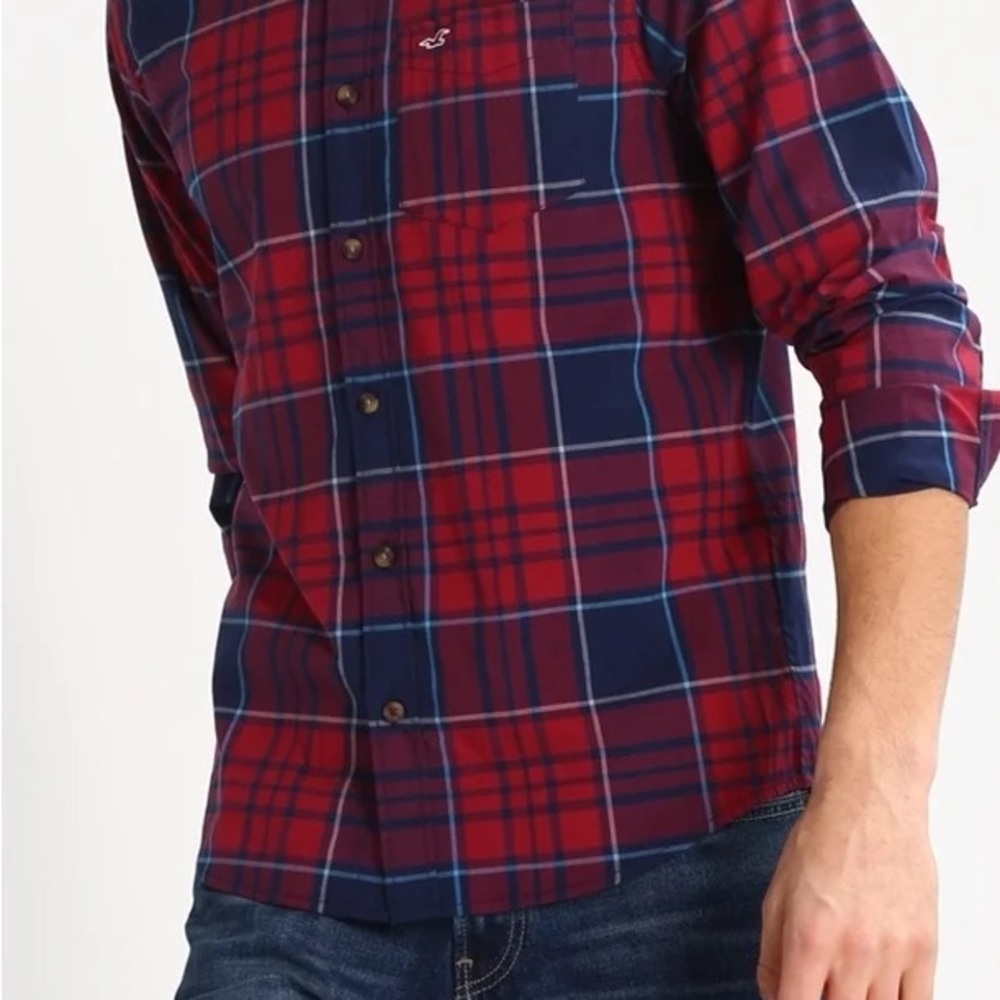 HOLLISTER Mens  Red and Blue Plaid flannel Shirt size L stretch‎